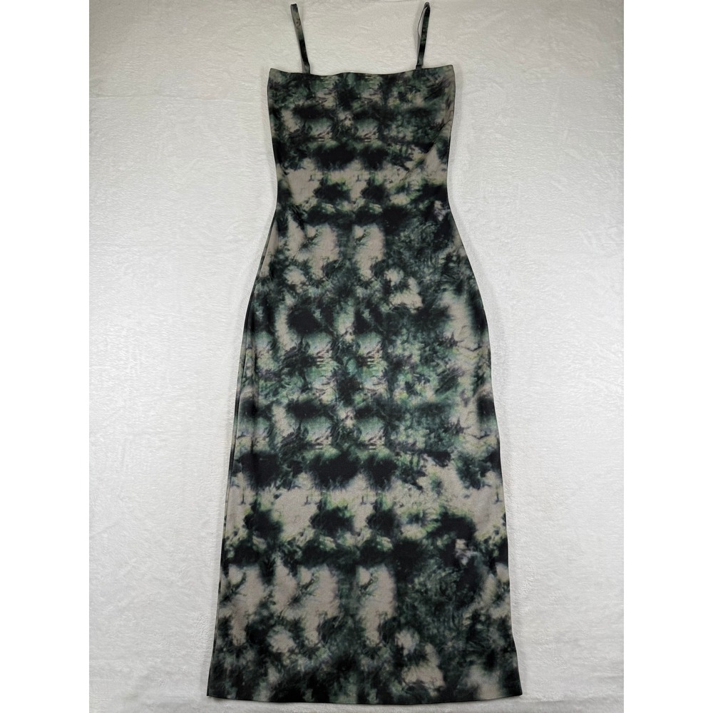 Zara Womens Large Green‎ Tie Dye Ribbed Knit Bodycon Midi Slip Dress Sleeveless